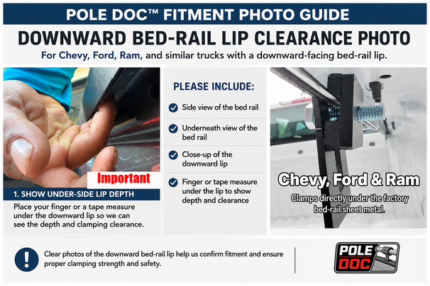POLE DOC fitment photo guide showing Chevy, Ford, and Ram downward bed-rail lip clearance with finger under bed rail for clamping depth review.