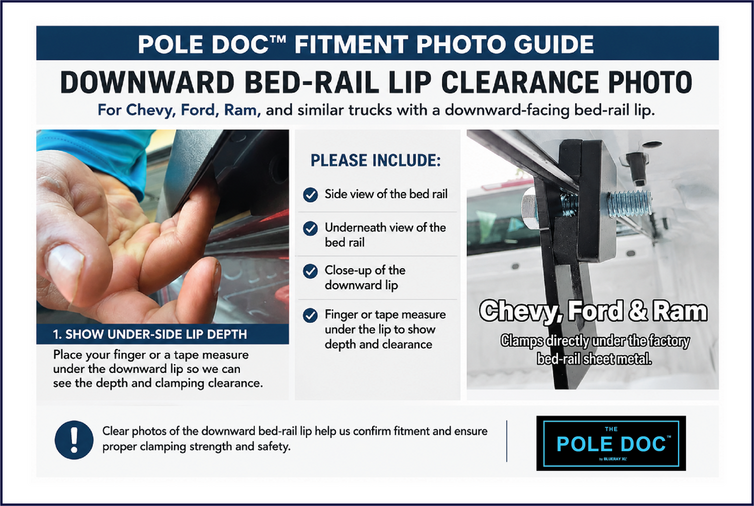 POLE DOC fitment photo guide showing Chevy, Ford, and Ram downward bed-rail lip clearance with finger under bed rail for clamping depth review.